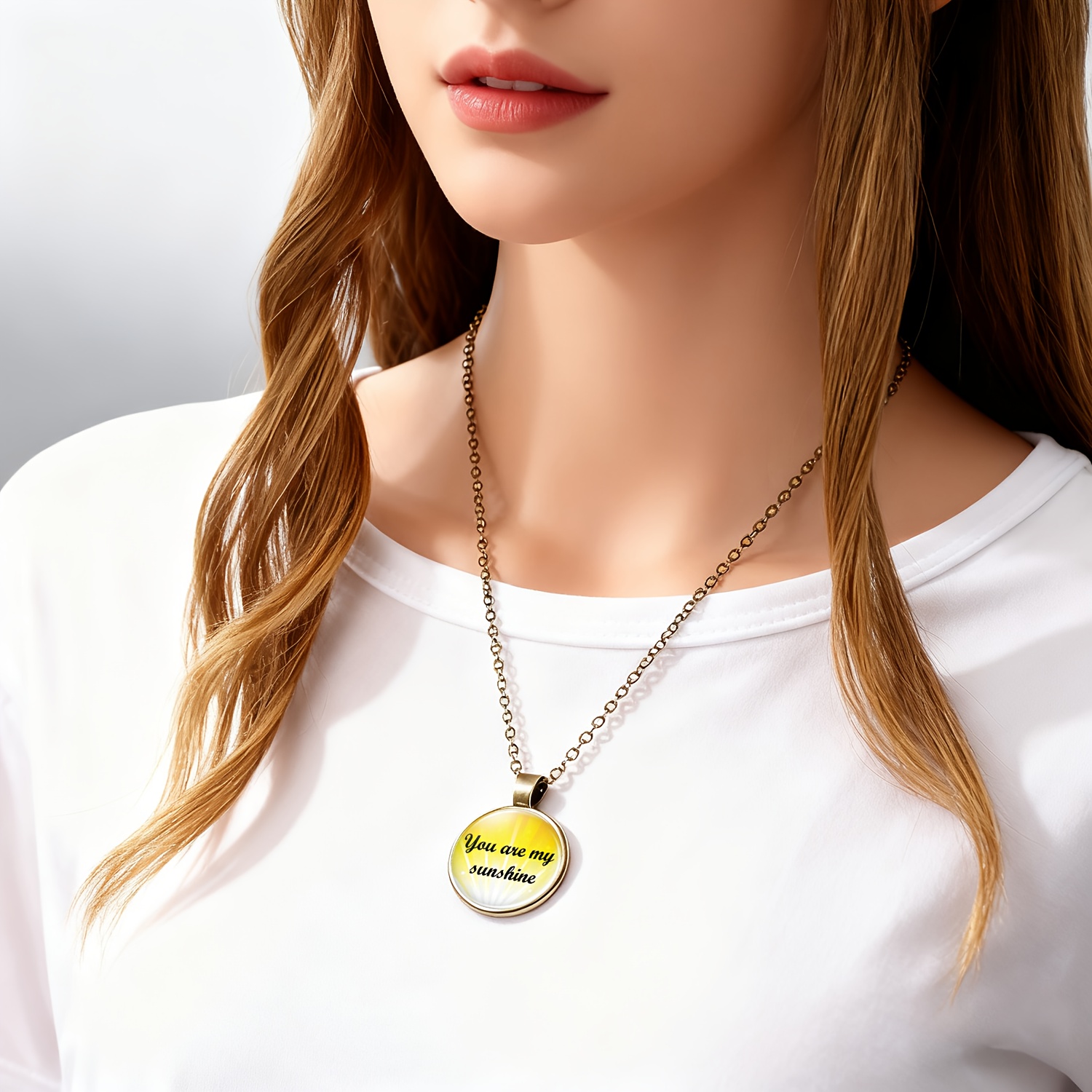 Cyan Round Glass Inlaid Pattern Pendant Necklace, Inspirational